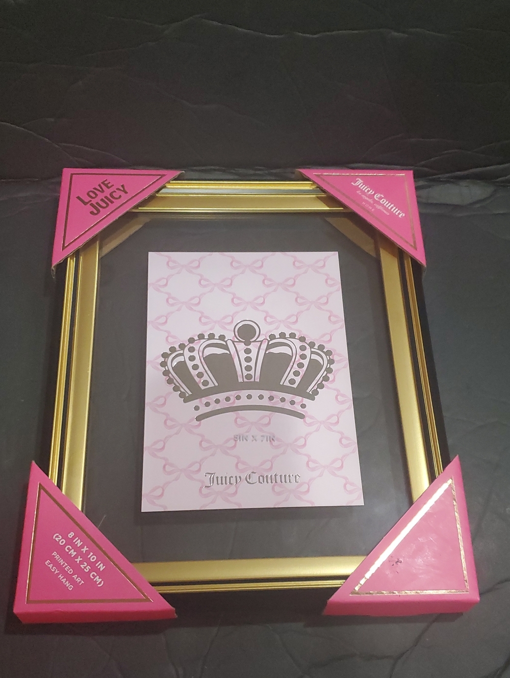 Juicy Couture gold black trim gold Juicy crown print hanging glass decor frame